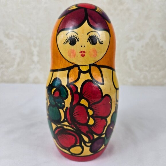 Single Matryoshka Doll Wood Hand Painted Russian Colorful Floral Motif - Picture 6 of 11